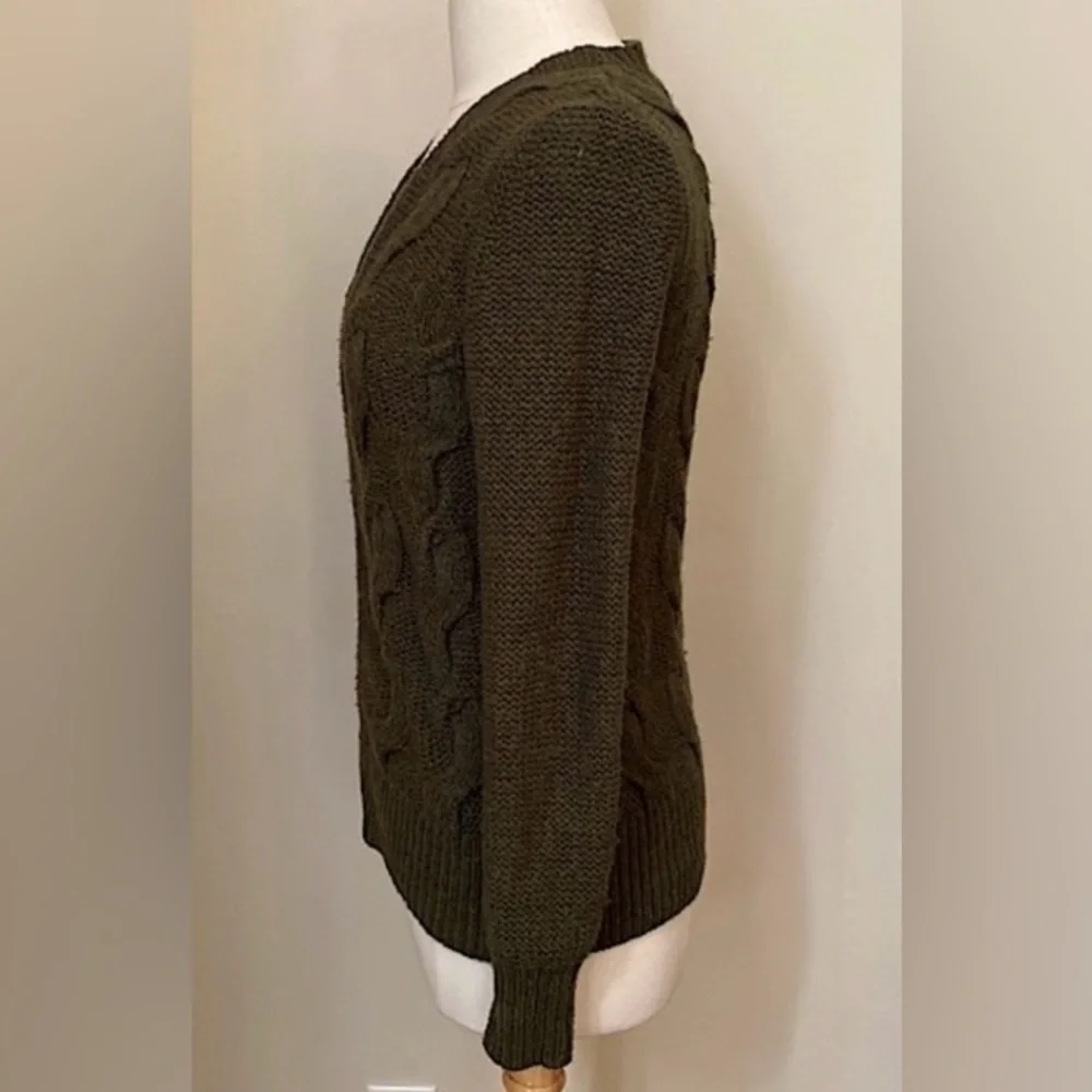 LOFT Olive Green Cable Knit Wool Blend Front Zip Cardigan Sweater Size Small - Picture 5 of 8